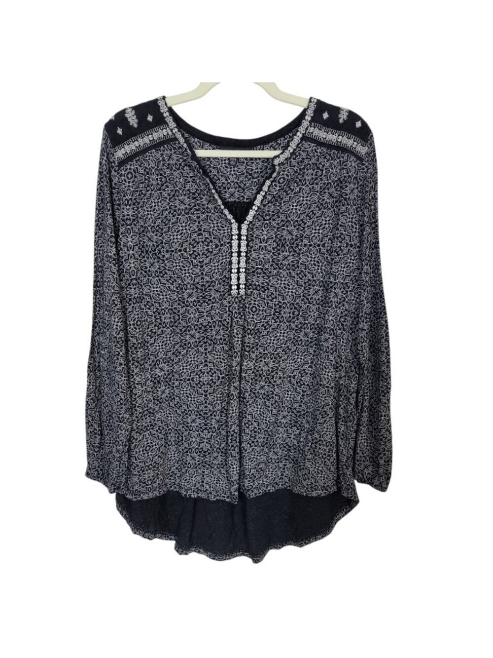 Lucky Brand Peasant Tunic Blouse Black & White Embroidered Sz 2X Bohemian EUC